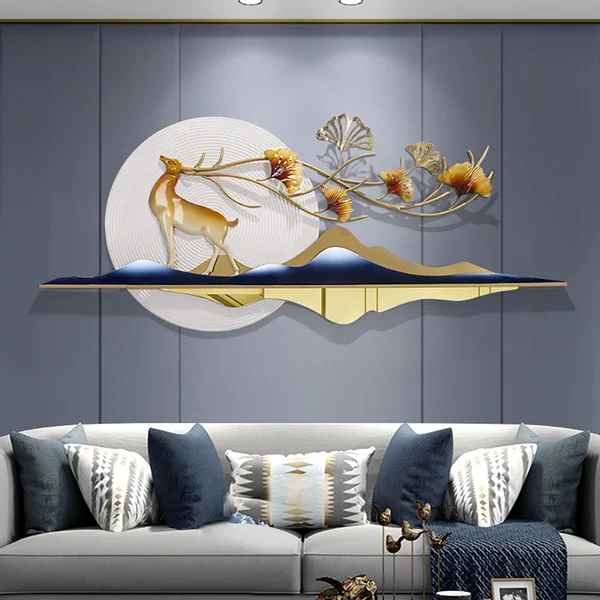 Modern Metal Hollow Ginkgo Leaves and Deer Wall Decoration for Living Room